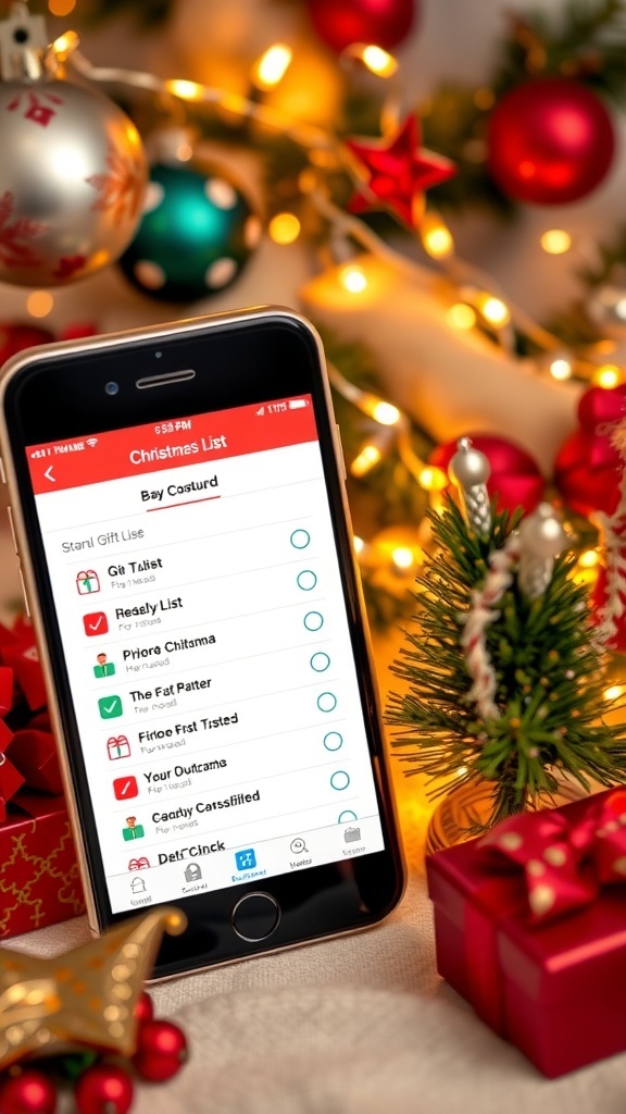 A smartphone with a Christmas list app on the screen, surrounded by holiday decorations.